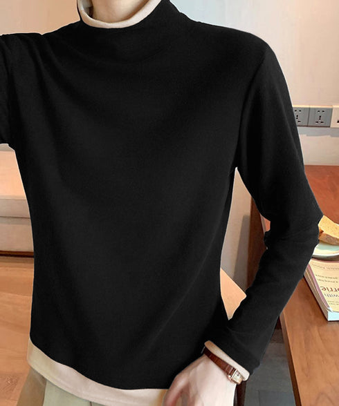 ハイネックトップス レイヤード風 長袖T レディース 重ね着風Tシャツ タートルネックブルオーバー 大人カジュアルカットソー 秋冬 暖かい配色インナートップス防寒 84WANJIA-027